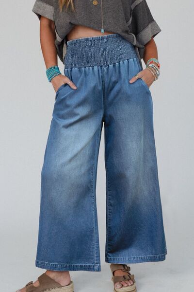 Smocked Wide Leg Jeans free shipping -Oh Em Gee Boutique