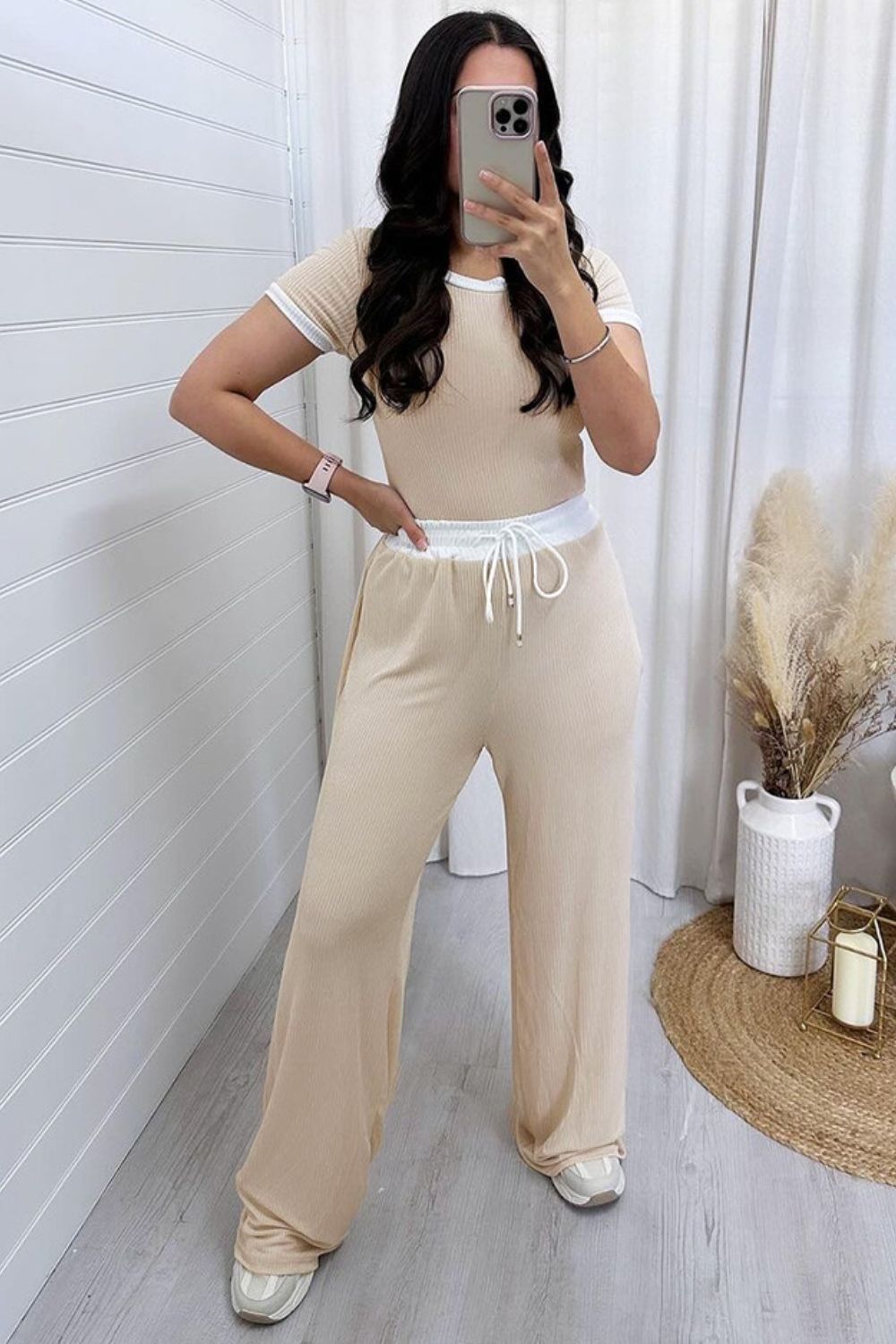 Contrast Trim Round Neck Top and Pants Set free shipping -Oh Em Gee Boutique