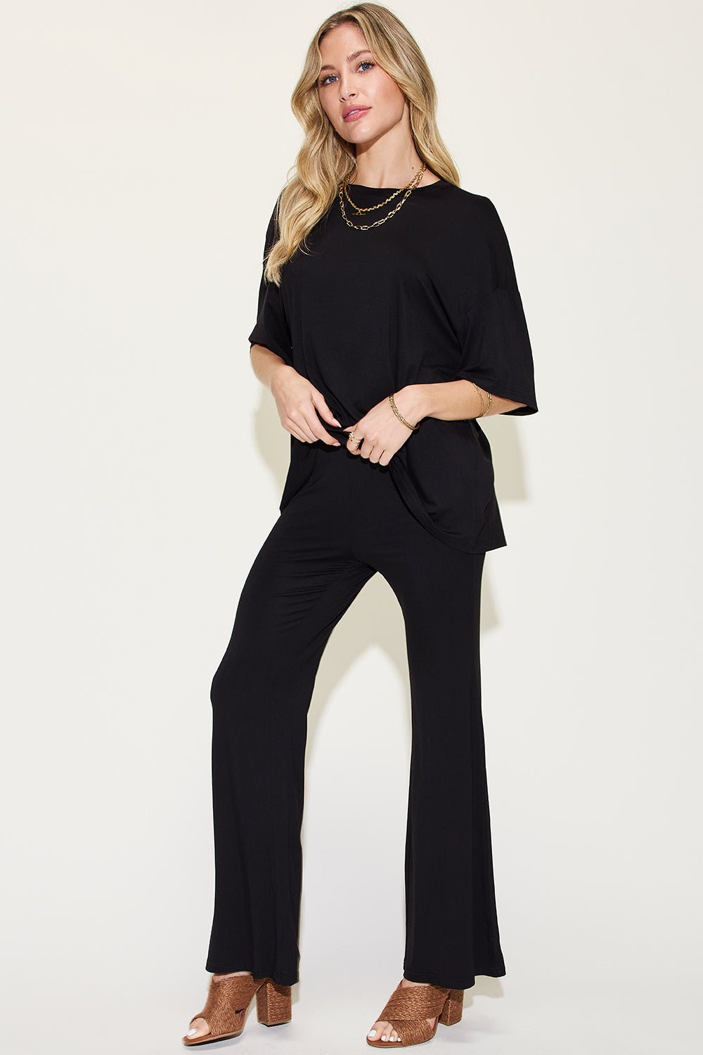 Basic Bae Full Size Bamboo Drop Shoulder T-Shirt and Flare Pants Set free shipping -Oh Em Gee Boutique