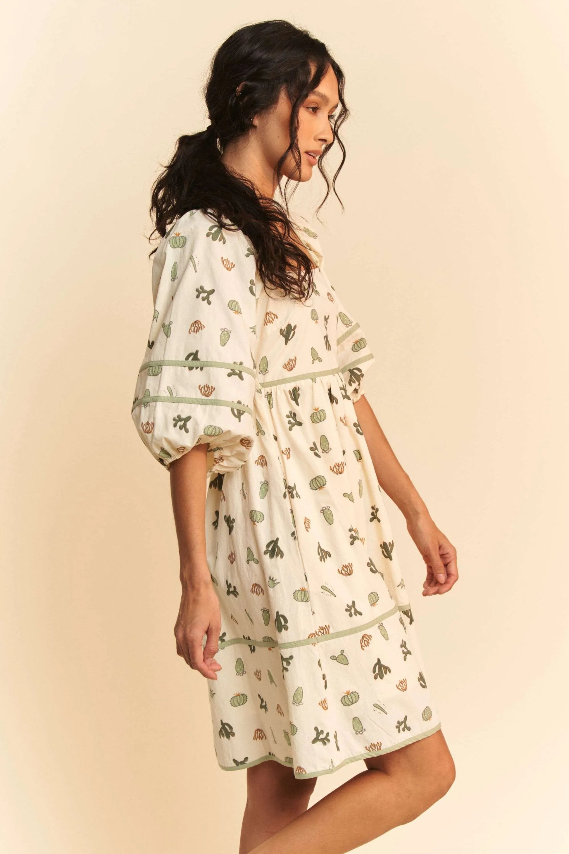 Davi & Dani Cactus Printed Poplin Contrast Piping Mini Dress free shipping -Oh Em Gee Boutique