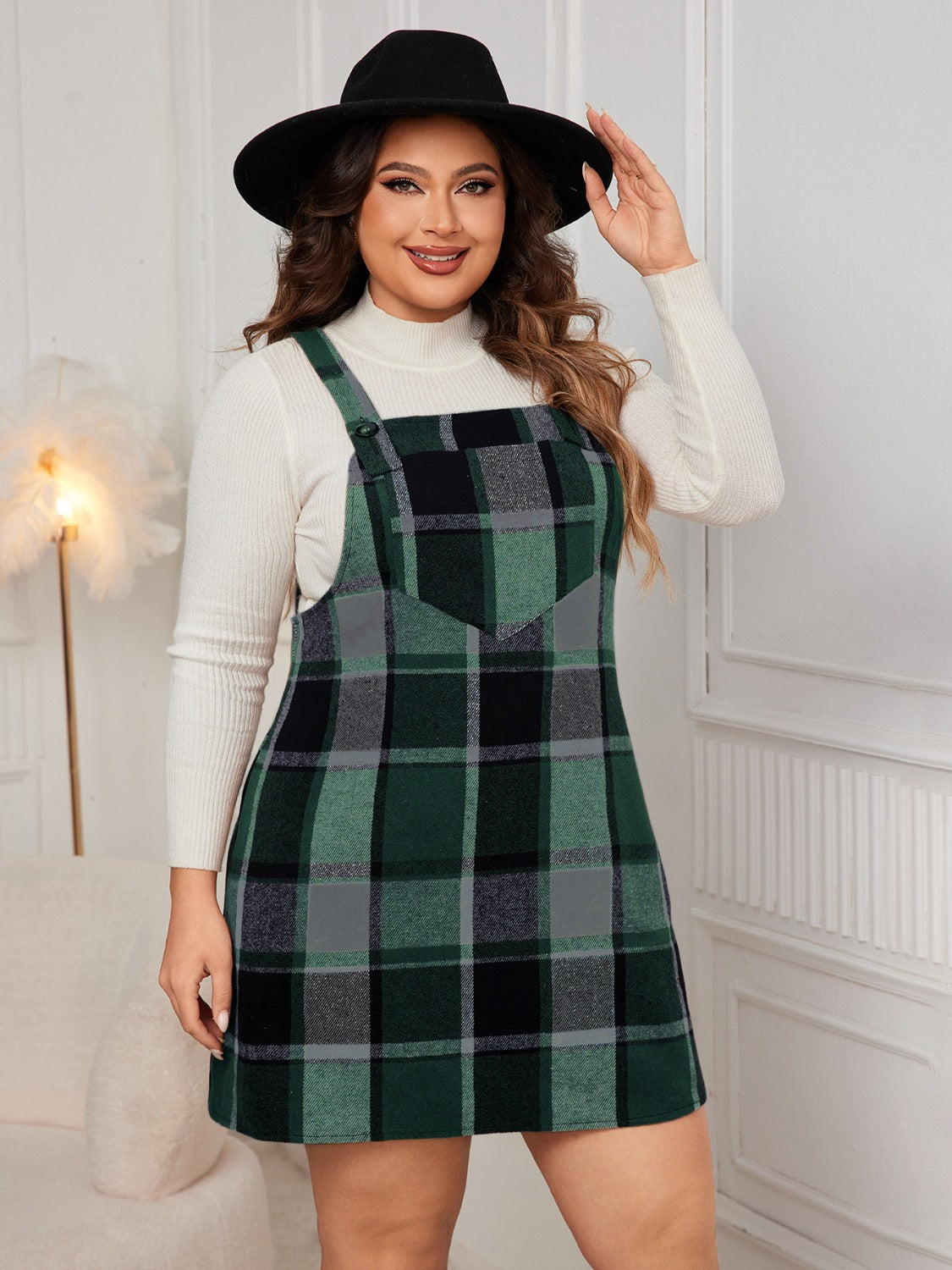 Plus Size Plaid Wide Strap Overall Dress free shipping -Oh Em Gee Boutique