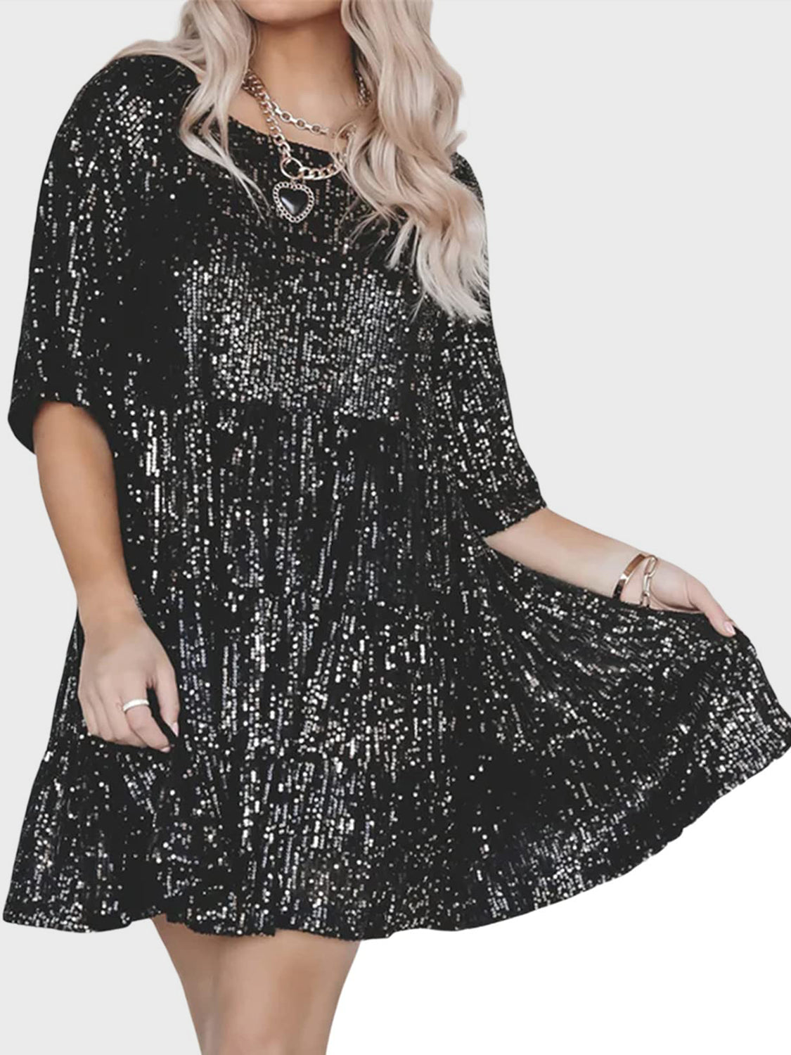 Full Size Sequin Round Neck Half Sleeve Mini Dress free shipping -Oh Em Gee Boutique