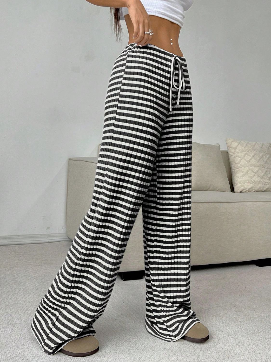 Tied Striped Wide Leg Pants free shipping -Oh Em Gee Boutique