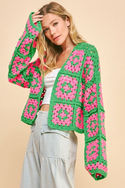 Davi & Dani Full Size Two Tone Flower Square Crochet Open Front Cardigan free shipping -Oh Em Gee Boutique