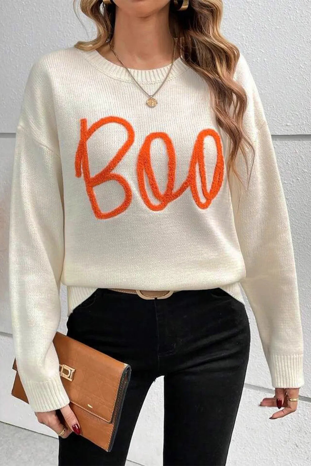 BOO Round Neck Long Sleeve Sweater free shipping -Oh Em Gee Boutique