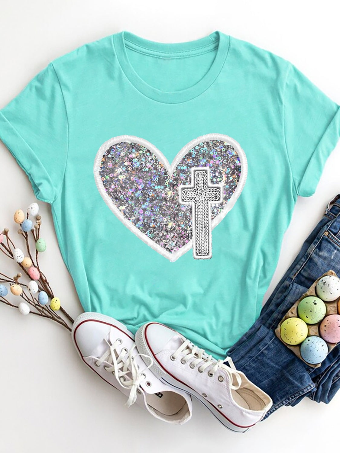 Graphic Heart Round Neck Short Sleeve T-Shirt with Cross Design free shipping -Oh Em Gee Boutique