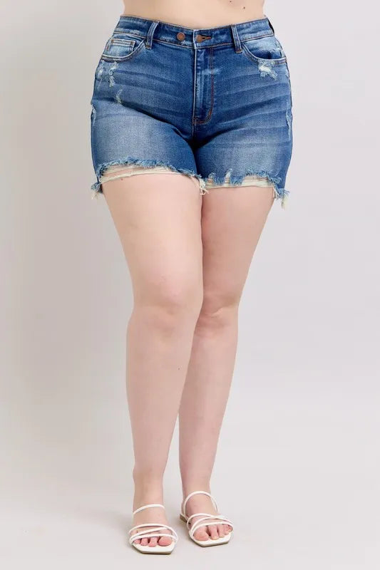 Judy Blue Plus Size 2 Button Dad Shorts with Destroy free shipping -Oh Em Gee Boutique
