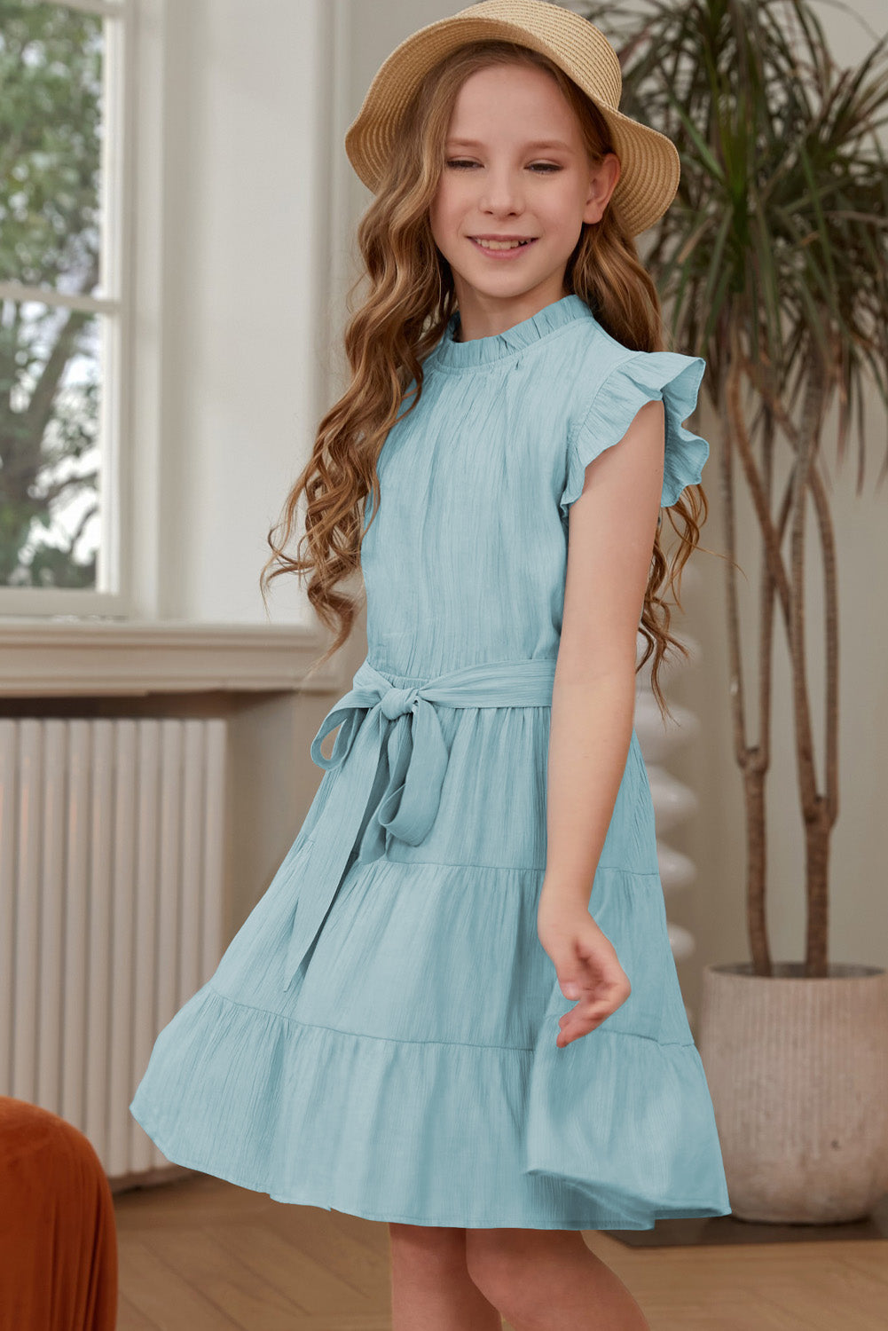 Little Girl's Frill Trim Tie Belt Tiered Dress free shipping -Oh Em Gee Boutique