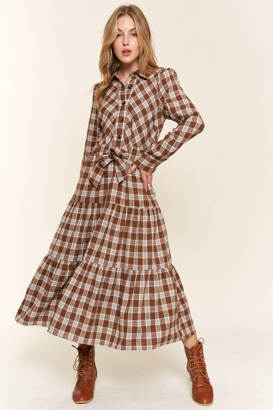 And the Why Plaid Tiered Midi Shirt Dress free shipping -Oh Em Gee Boutique