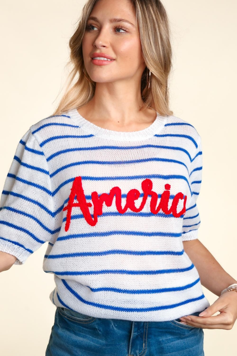 Haptics Letter Embroidery Striped Knit Top free shipping -Oh Em Gee Boutique