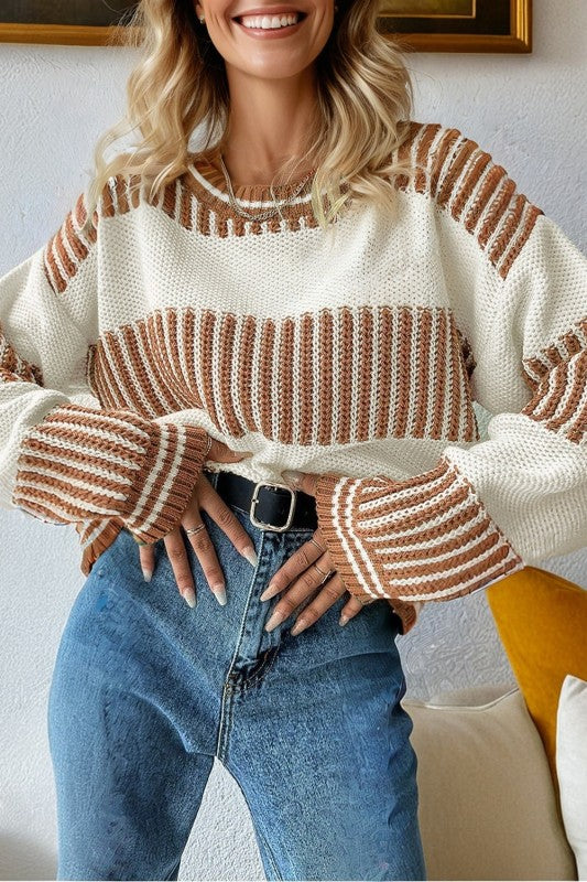 Stripe Patchwork Drop Shoulder Sweater free shipping -Oh Em Gee Boutique