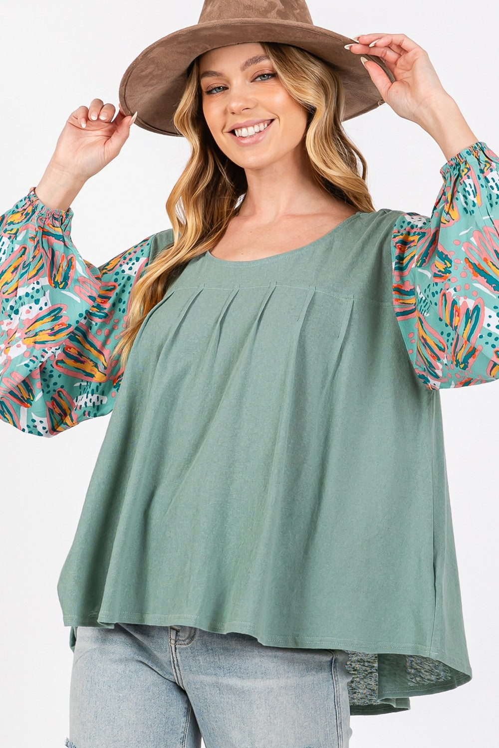 SAGE + FIG Ruched Round Neck Printed Bubble Sleeve Top free shipping -Oh Em Gee Boutique