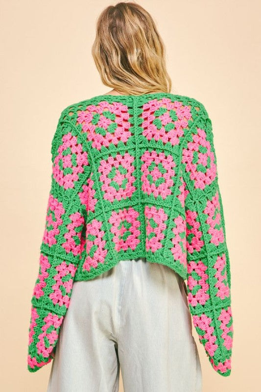 Davi & Dani Full Size Two Tone Flower Square Crochet Open Front Cardigan free shipping -Oh Em Gee Boutique