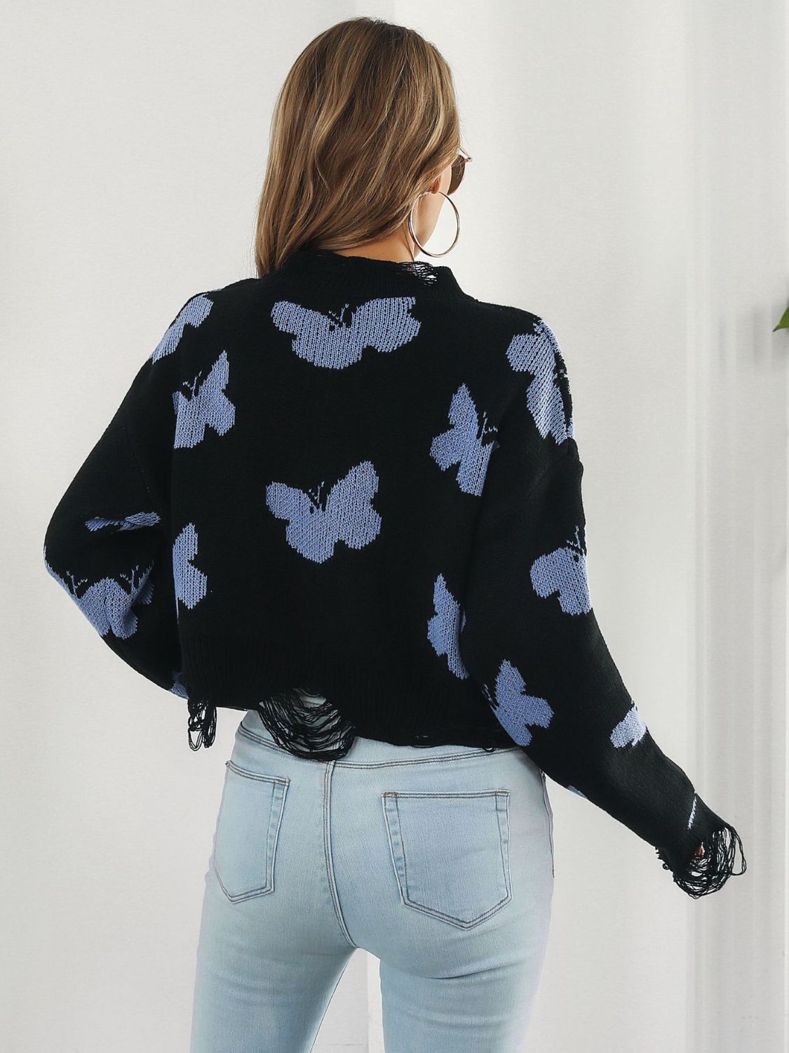 Distressed Butterfly Cropped Sweater free shipping -Oh Em Gee Boutique