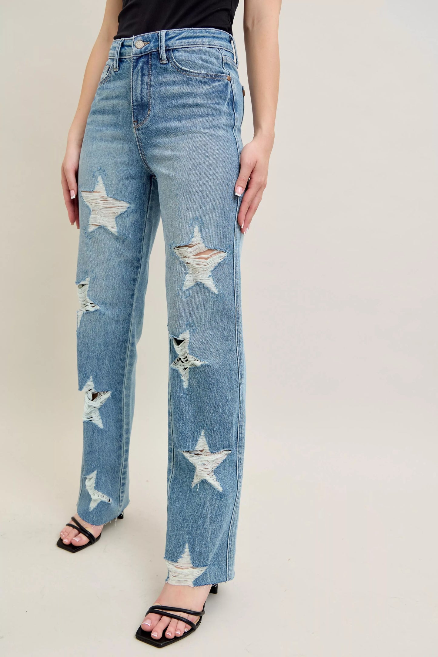 Judy Blue Full Size High Waist  Rigid Magic Star Shaped Destroy 90's Straight Jeans Plus Size free shipping -Oh Em Gee Boutique
