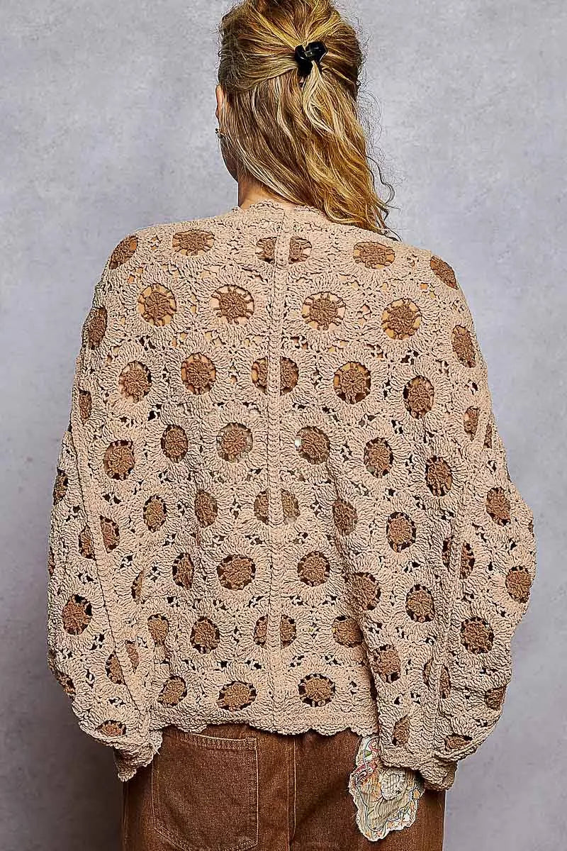 POL Openwork V-Neck Chenille Cardigan with Contrast Floral free shipping -Oh Em Gee Boutique