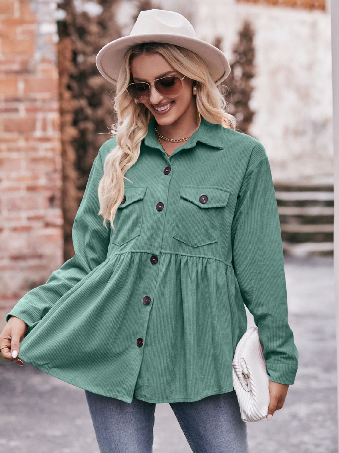 Mandy Collared Neck Long Sleeve Shirt free shipping -Oh Em Gee Boutique