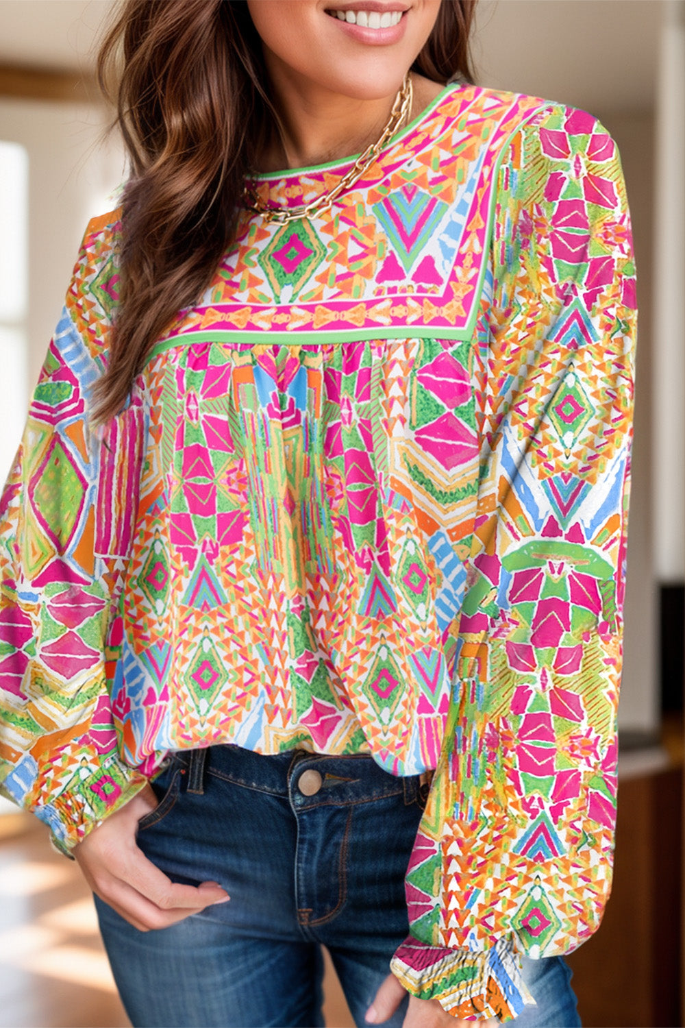 Geometric Printed Round Neck Long Sleeve Blouse free shipping -Oh Em Gee Boutique