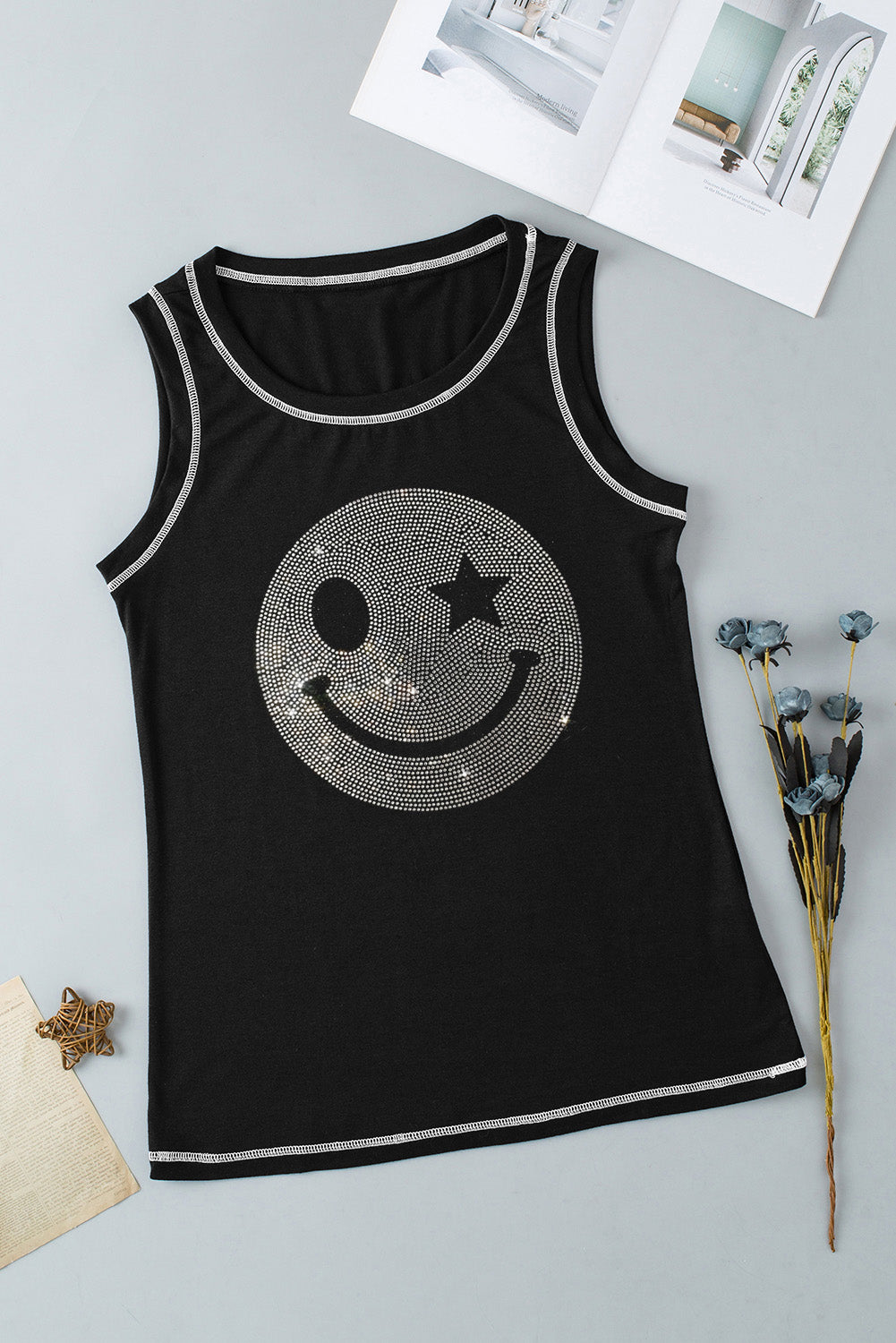 Rhinestone Smile Face Round Neck Tank free shipping -Oh Em Gee Boutique