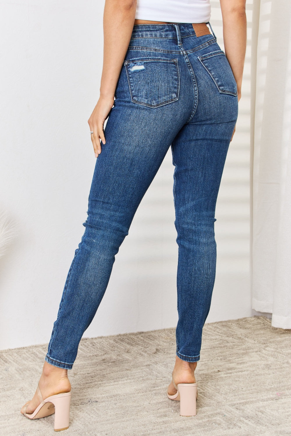 Judy Blue Full Size Mid Waist Distressed Slim Jeans free shipping -Oh Em Gee Boutique