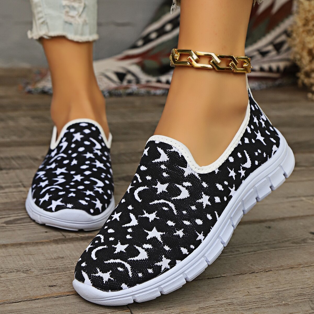 Star & Moon Pattern Flat Loafers free shipping -Oh Em Gee Boutique