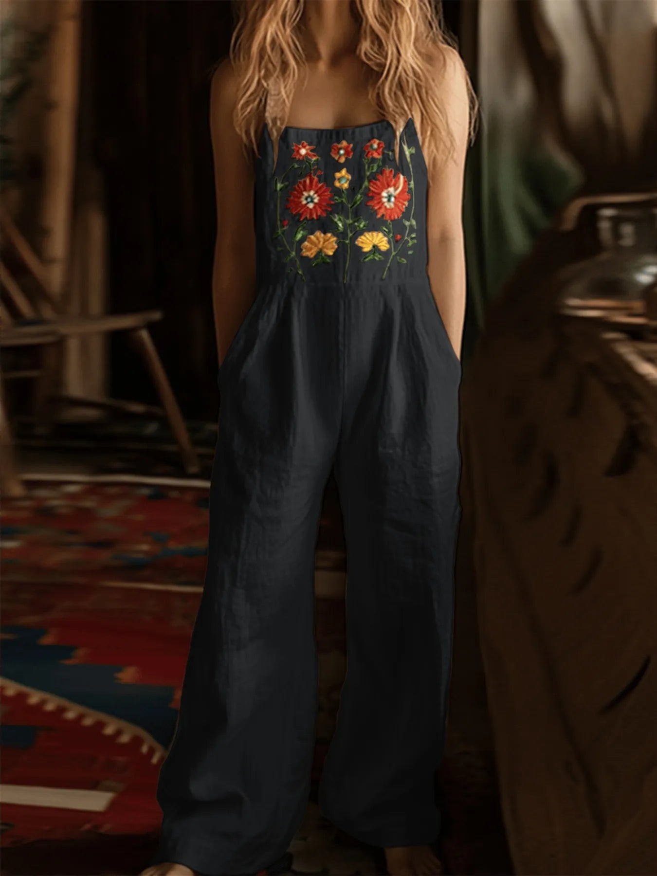 Floral Embroidered Wide Leg Jumpsuit free shipping -Oh Em Gee Boutique