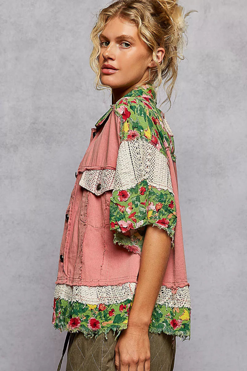 POL Lace Patch Floral Half Sleeve Shacket free shipping -Oh Em Gee Boutique