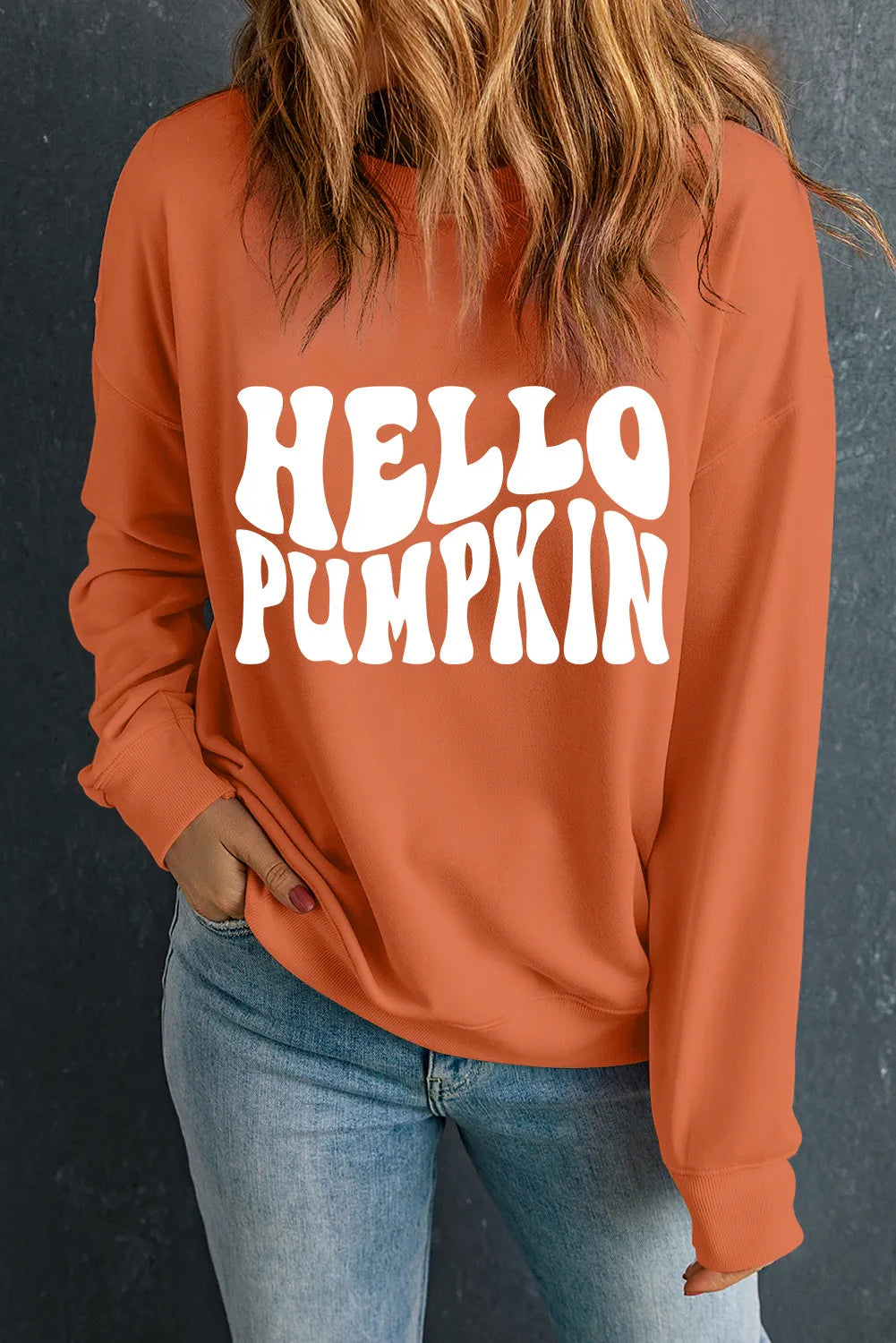 Letter Graphic Round Neck Long Sleeve Sweatshirt, Hello Pumpkin free shipping -Oh Em Gee Boutique