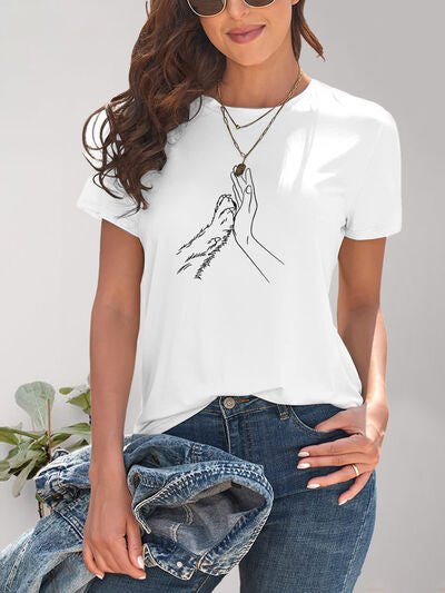 Graphic Round Neck Short Sleeve T-Shirt, Hand and Paw free shipping -Oh Em Gee Boutique