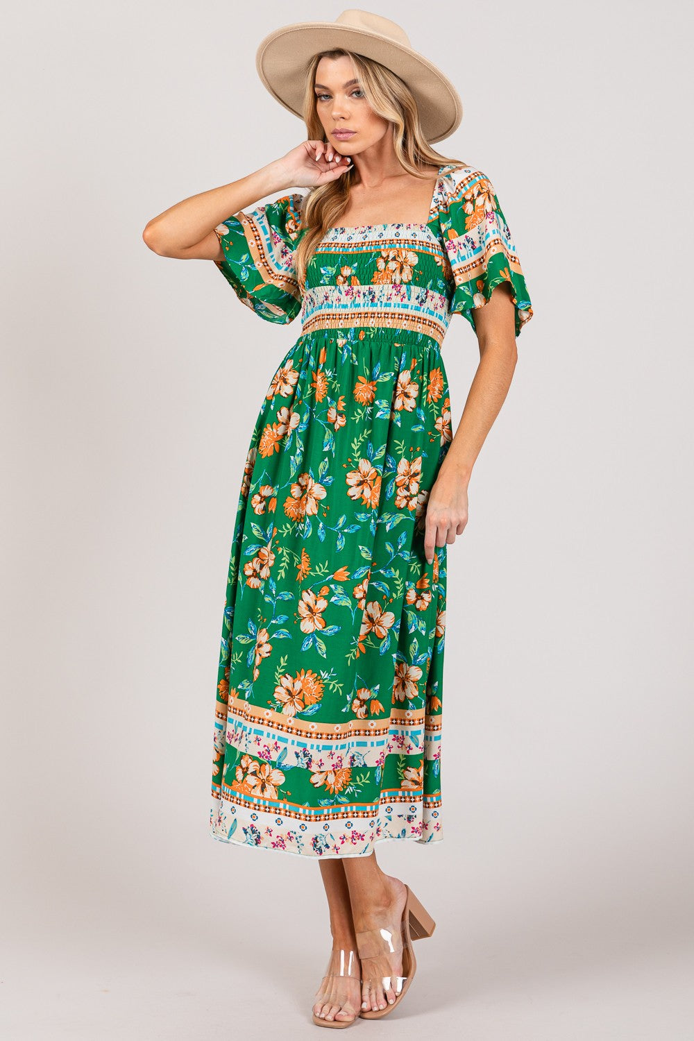 SAGE + FIG Printed Smocked Short Sleeve Midi Dress free shipping -Oh Em Gee Boutique