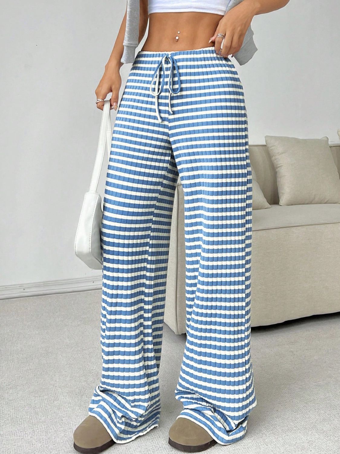 Tied Striped Wide Leg Pants free shipping -Oh Em Gee Boutique