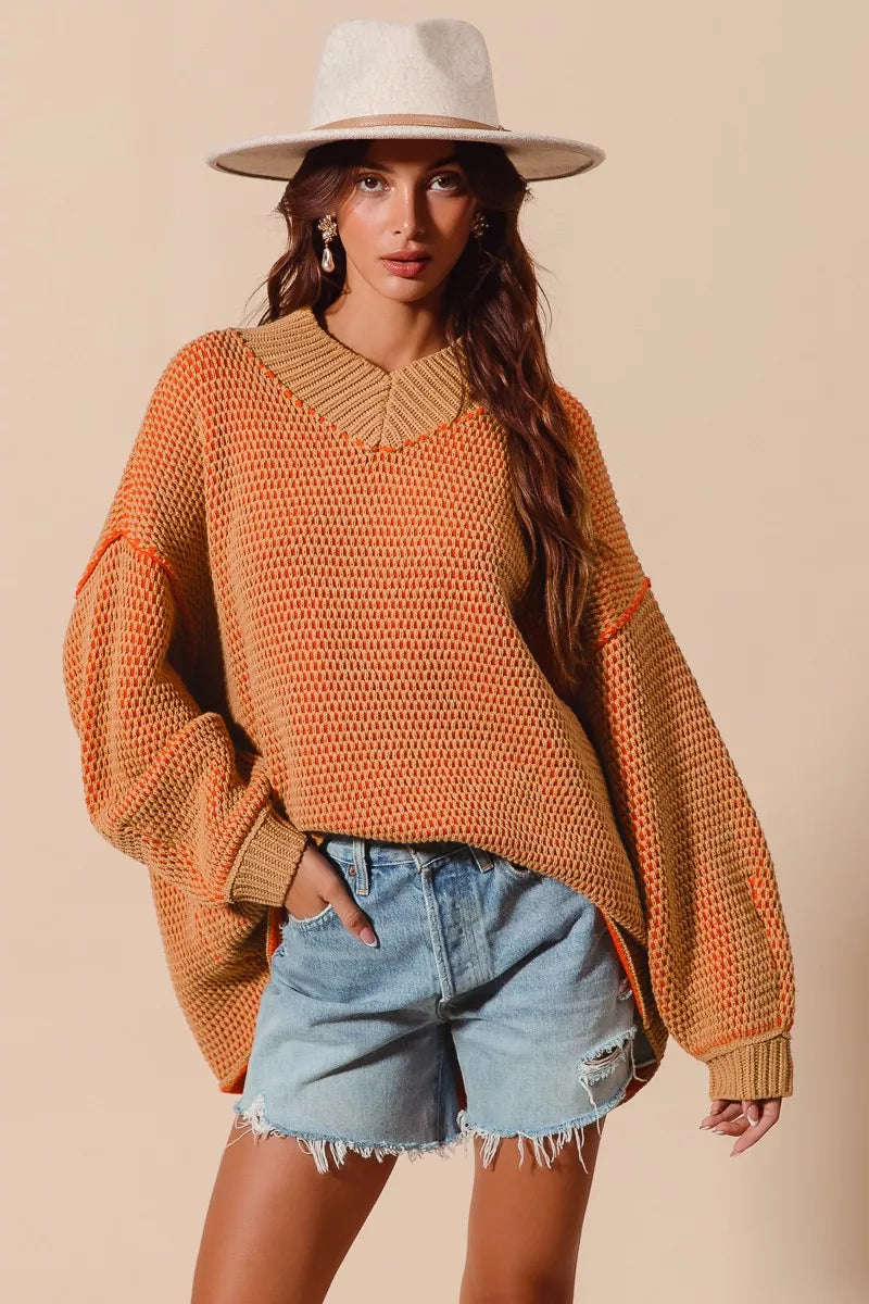 SO ME Oversized Two Tone Textured V Neck Sweater free shipping -Oh Em Gee Boutique