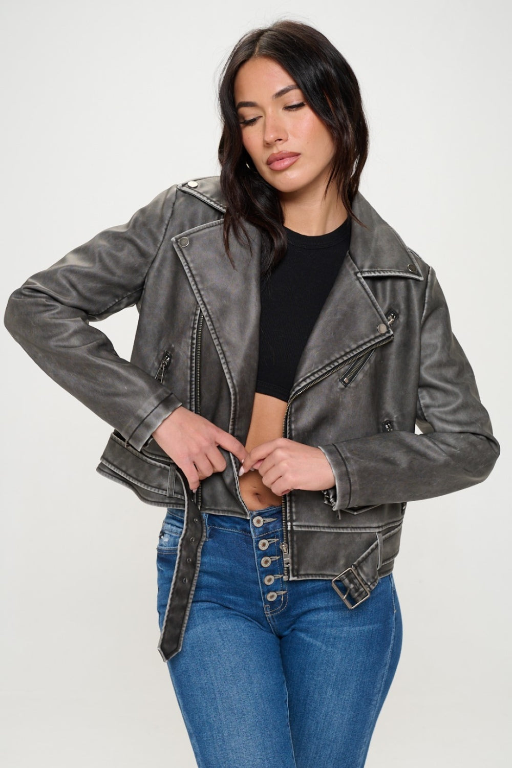 Coalition LA Zip Up Biker Jacket with Belt free shipping -Oh Em Gee Boutique