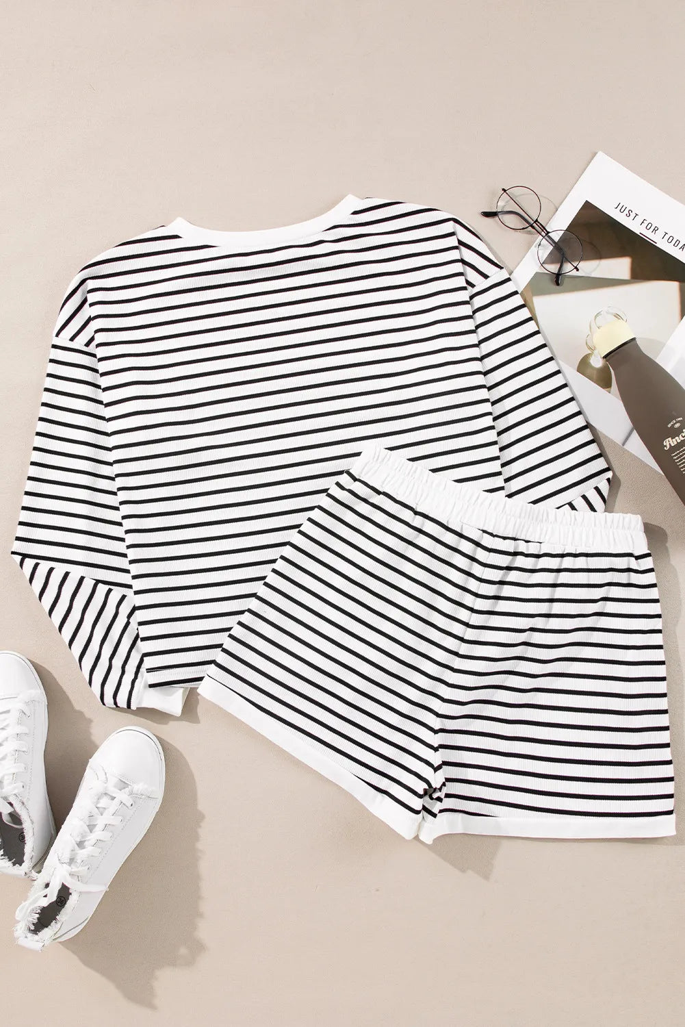 Striped Round Neck Long Sleeve Top and Shorts Set free shipping -Oh Em Gee Boutique