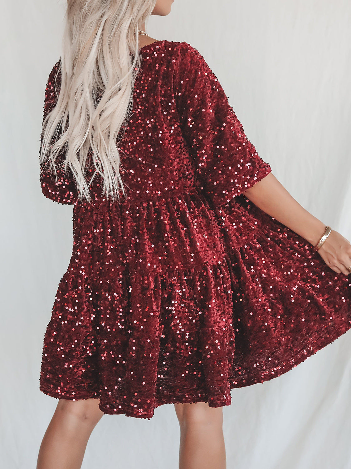 Full Size Sequin Round Neck Half Sleeve Mini Dress free shipping -Oh Em Gee Boutique