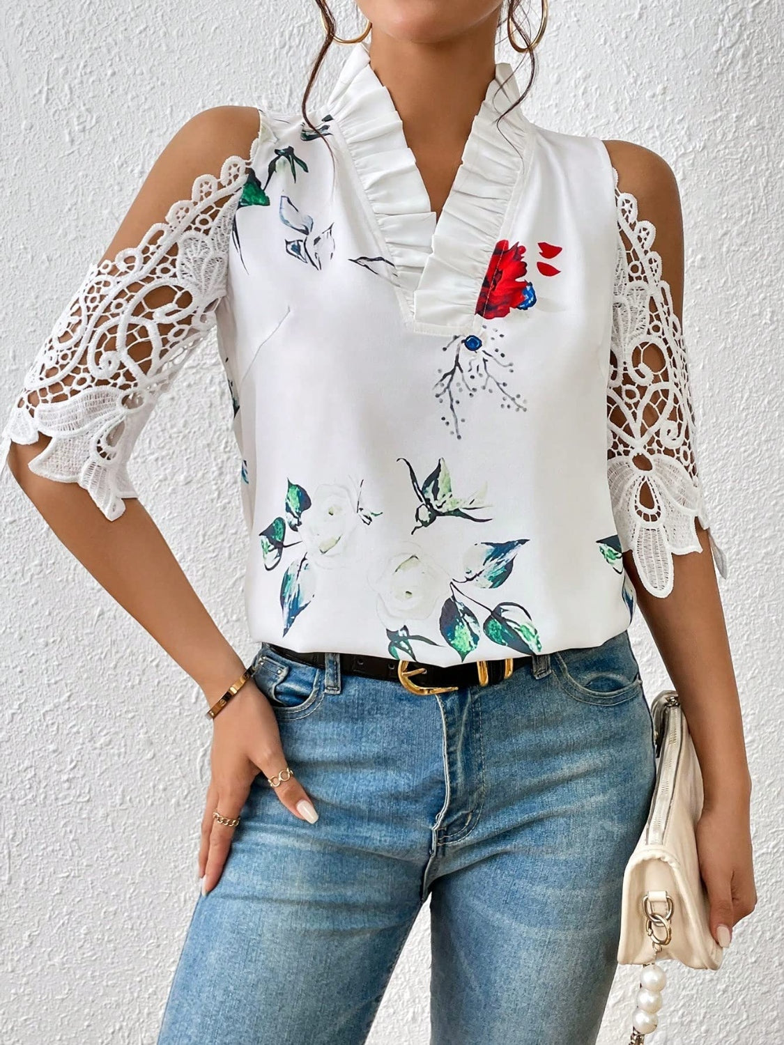 Full Size Lace Printed Half Sleeve Blouse free shipping -Oh Em Gee Boutique