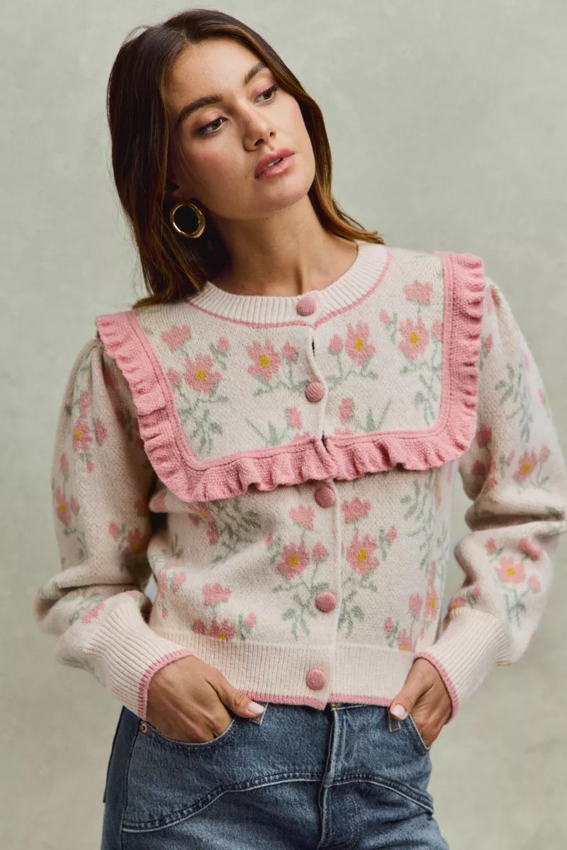 SO ME Flower With Ruffle Detailing Sweater Cardigan free shipping -Oh Em Gee Boutique