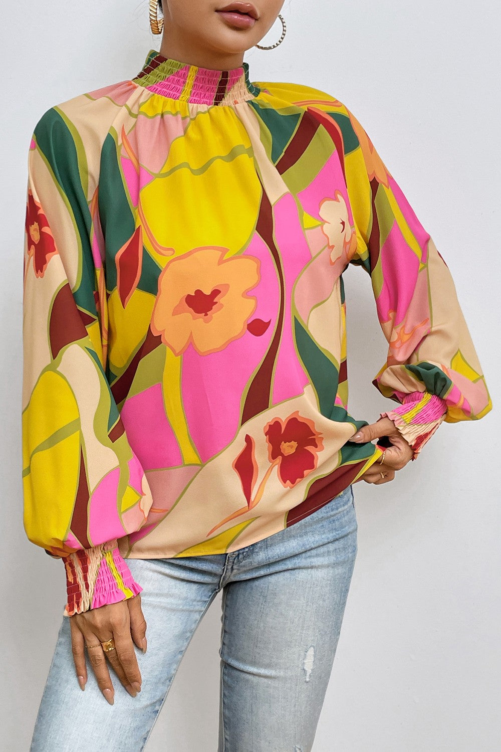 Floral Smocked Lantern Sleeve Mock Neck Blouse free shipping -Oh Em Gee Boutique