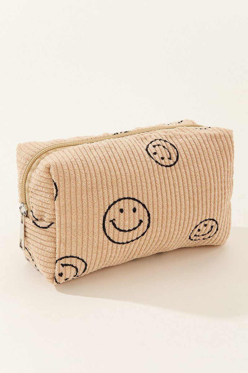 Zenana Smiley Face Corduroy Cosmetic Pouch free shipping -Oh Em Gee Boutique