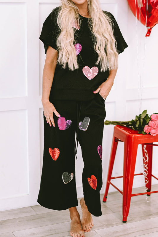 Heart Sequin Short Sleeve Top and Drawstring Pants Lounge Set free shipping -Oh Em Gee Boutique