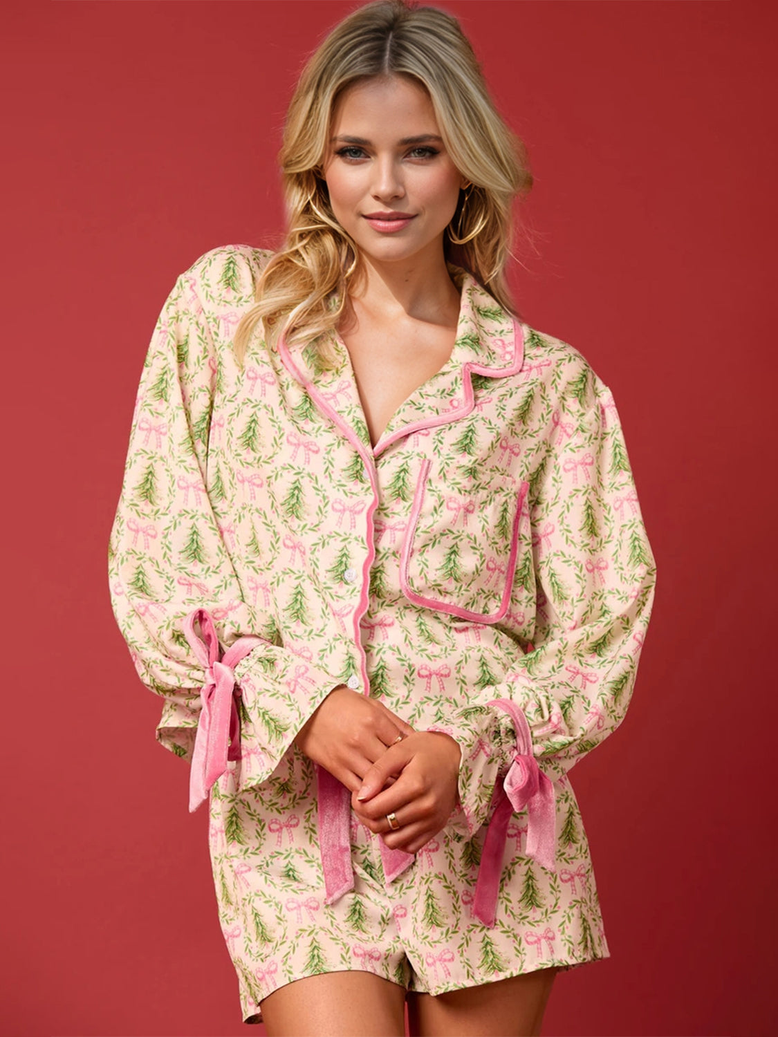 Tied Printed Collared Neck Long Sleeve Top and Shorts Set free shipping -Oh Em Gee Boutique