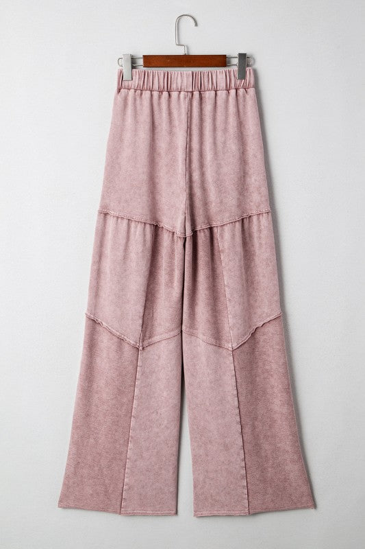 Mineral Wash Patchwork Tiered Wide Leg Pants free shipping -Oh Em Gee Boutique