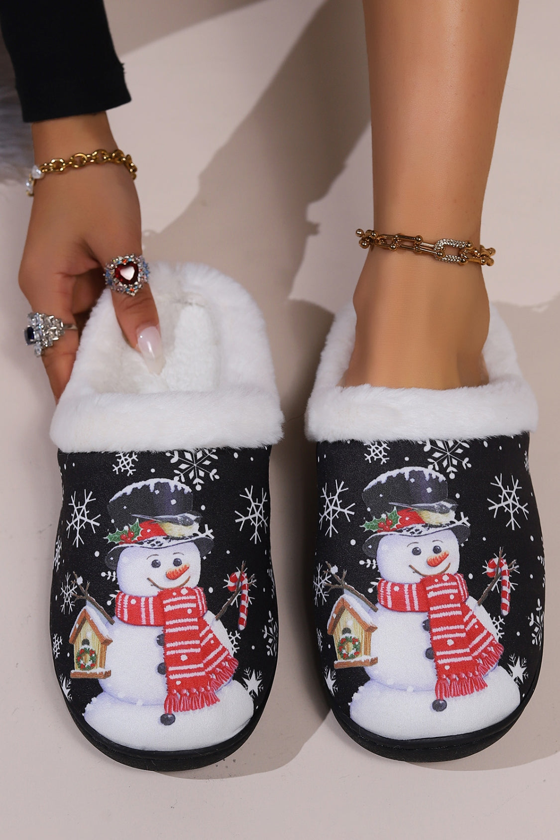 Snowman Round Toe Faux Fur Slippers free shipping -Oh Em Gee Boutique