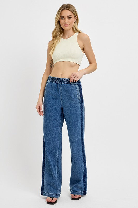 RISEN Full Size Elastic Waist Wide Leg Jeans Plus Size free shipping -Oh Em Gee Boutique