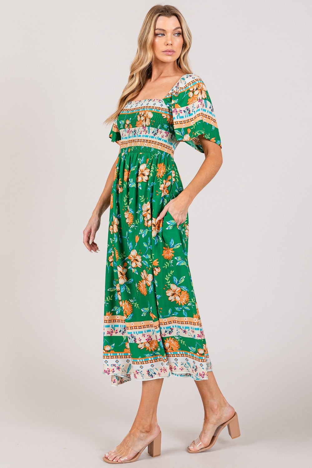 SAGE + FIG Printed Smocked Short Sleeve Midi Dress free shipping -Oh Em Gee Boutique