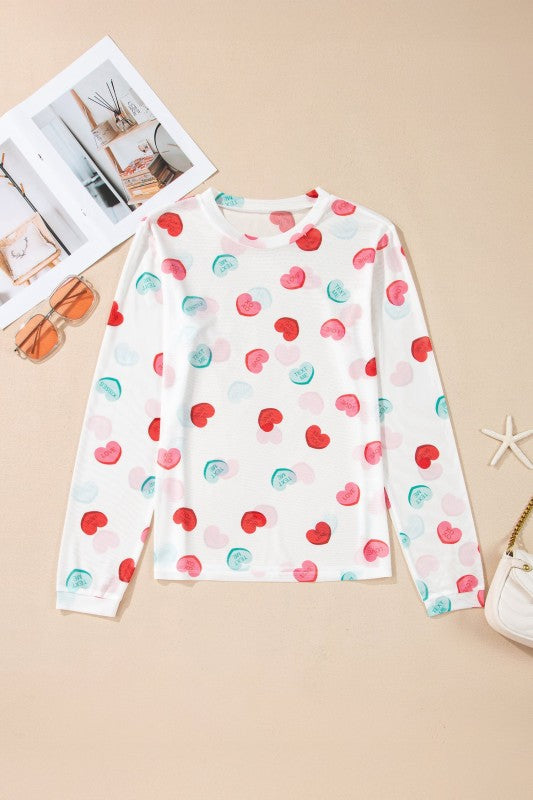 Valentine Slogan Heart Mesh Long Sleeve Top free shipping -Oh Em Gee Boutique