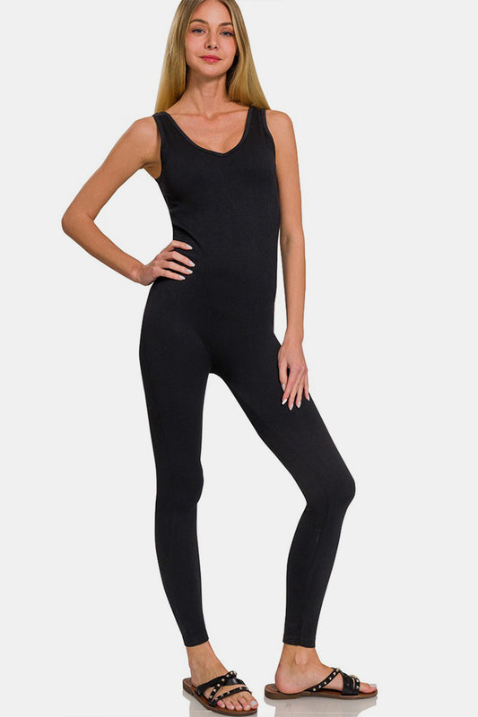 Zenana Ribbed Bra Padded Sports Seamless Jumpsuit free shipping -Oh Em Gee Boutique
