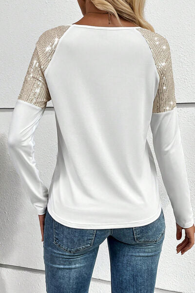 Sequin Round Neck Long Sleeve T-Shirt free shipping -Oh Em Gee Boutique