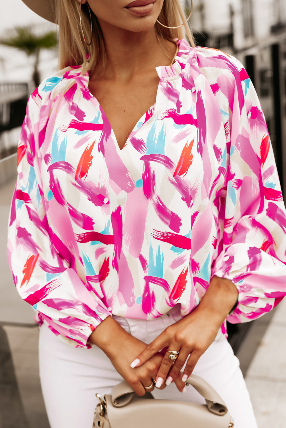 Printed V-Neck Balloon Sleeve Blouse free shipping -Oh Em Gee Boutique