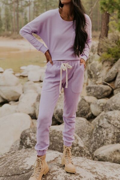Waffle Knit Long Sleeve Top and Drawstring Pants Set free shipping -Oh Em Gee Boutique
